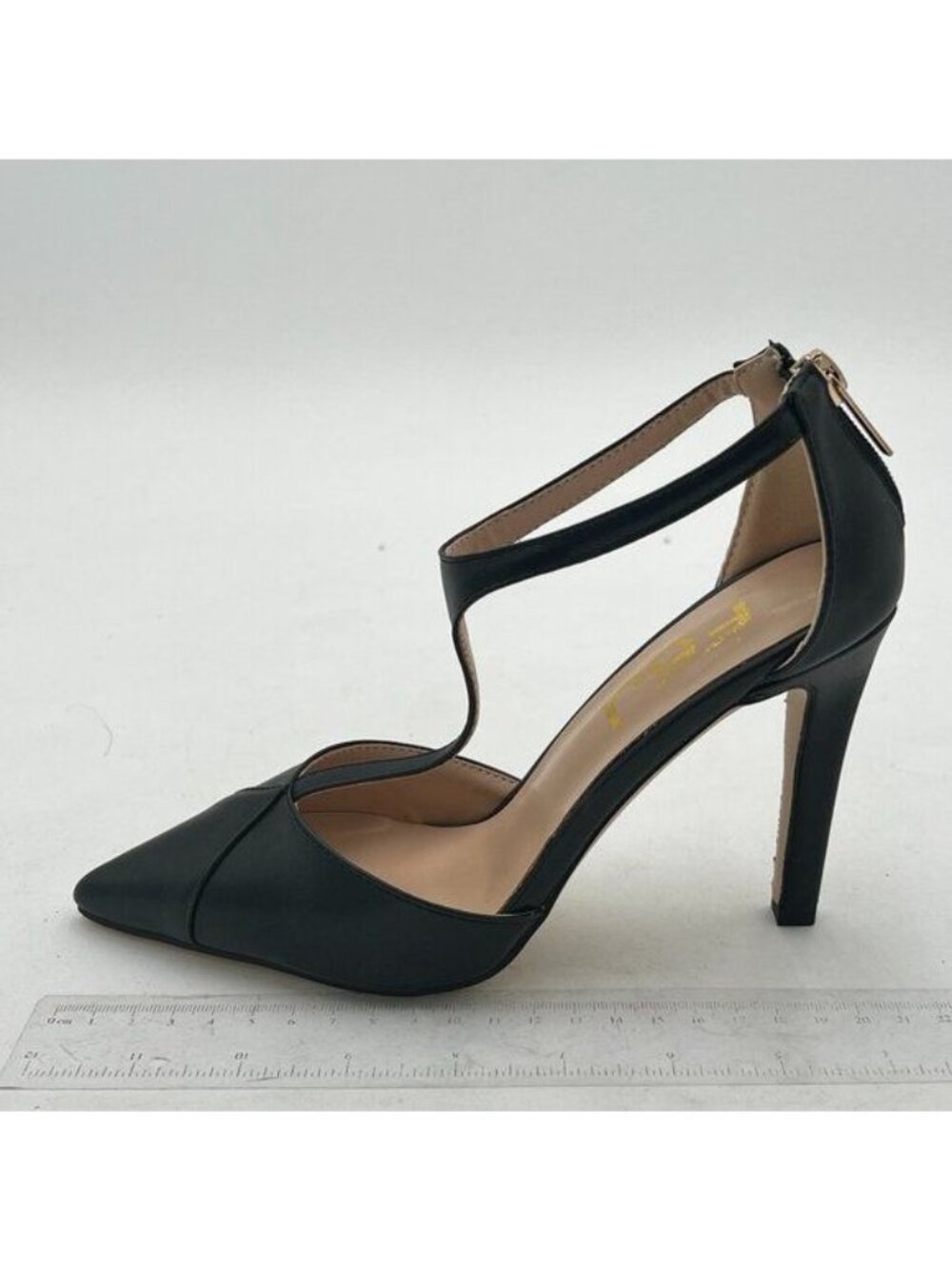 FSJ Black Sexy T-Straps High Heel Pointed Toe Back Zipper Ankle Straps Pumps